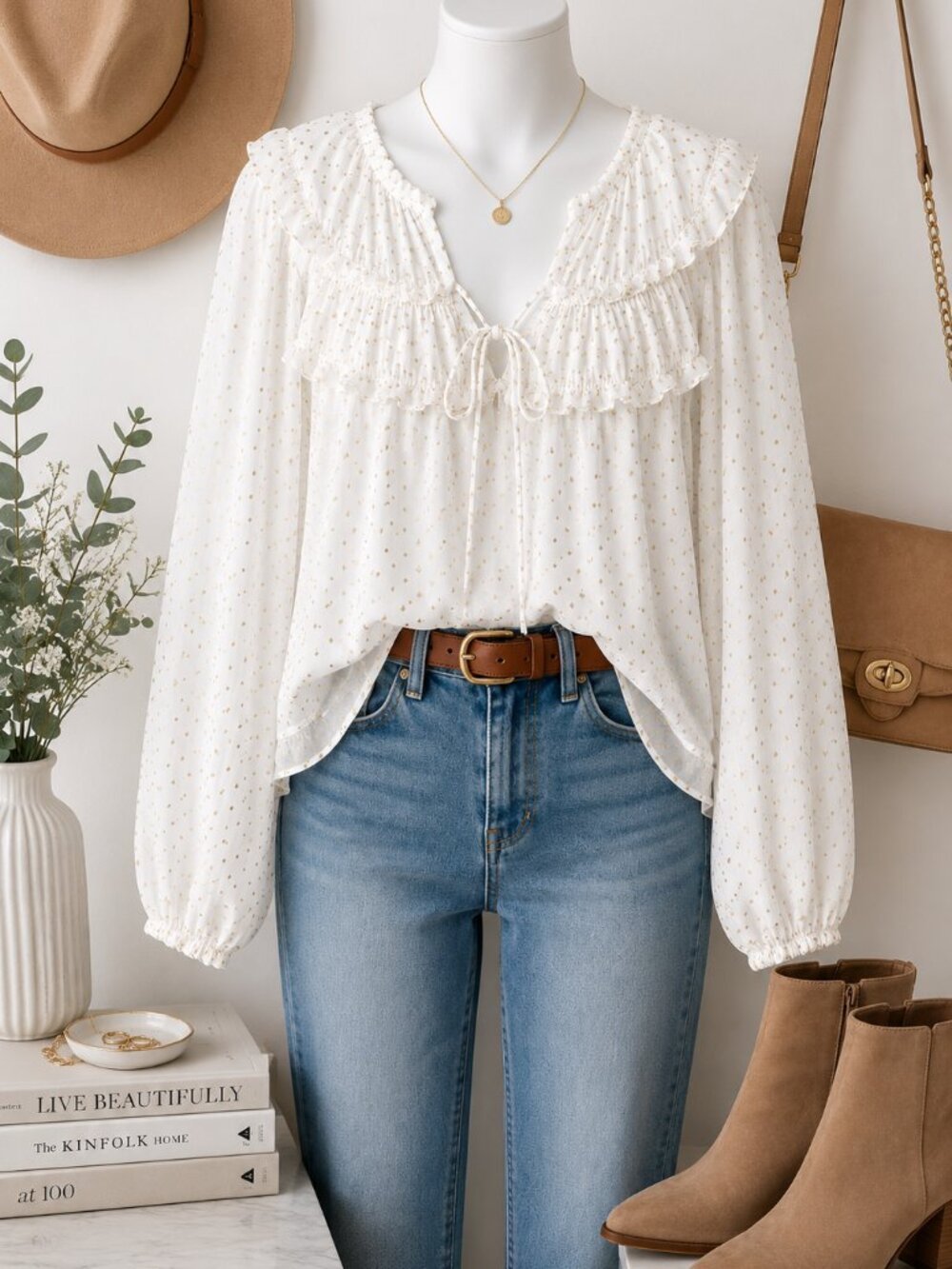 ✨ Old Navy White & Gold Metallic Dot Boho Blouse | Size Medium - Picture 1 of 5